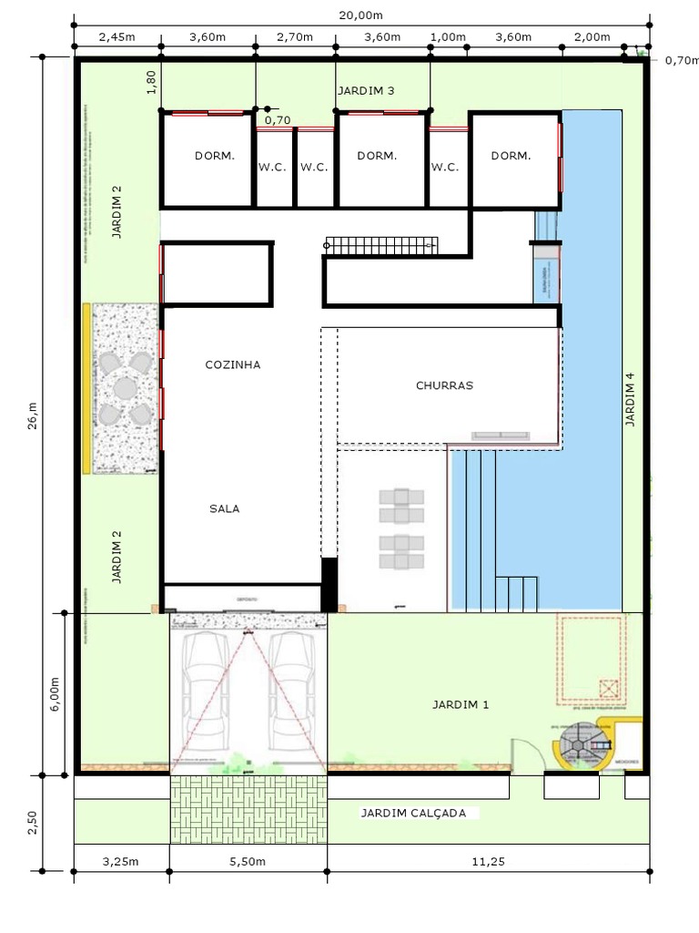Planta baixa de casa com medidas de cômodos e jardins | PDF