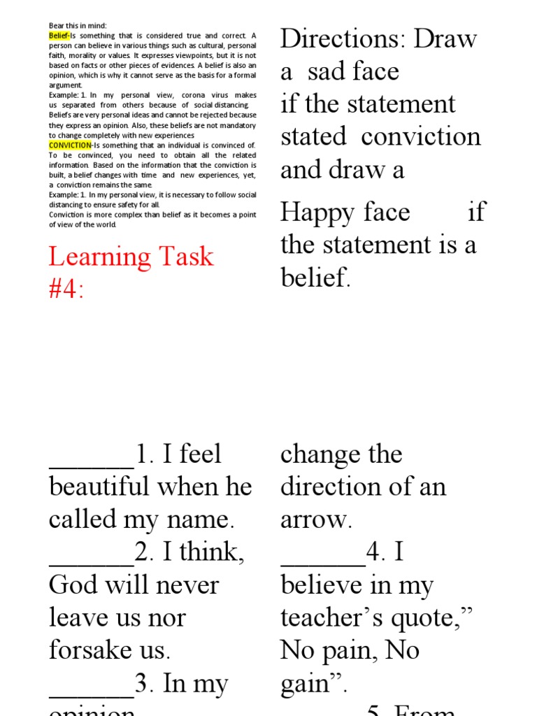 Directions Draw A Sad Face If The Statement Stated Conviction and Draw