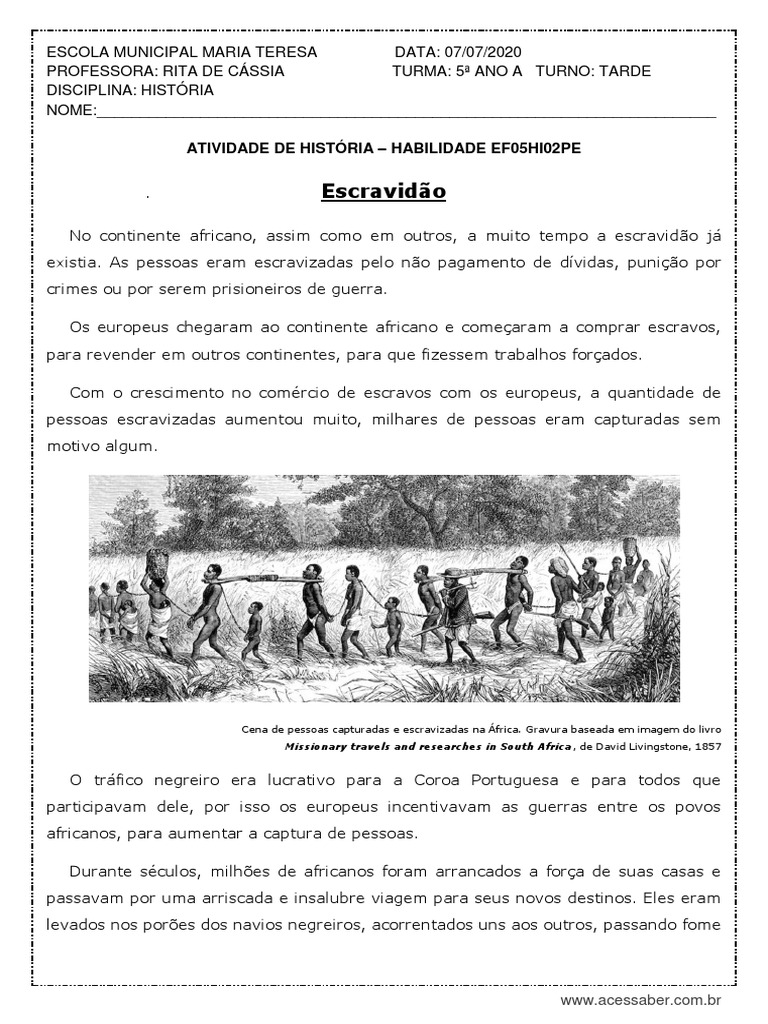 Atividades sobre Escravidão no Brasil 5º Ano | PDF | Escravidão ...