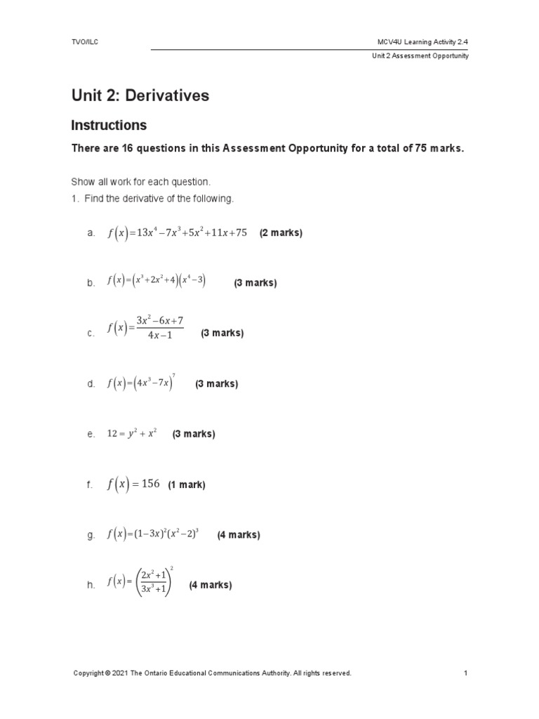 Unit 2: Derivatives: Instructions | PDF | Tangent | Velocity
