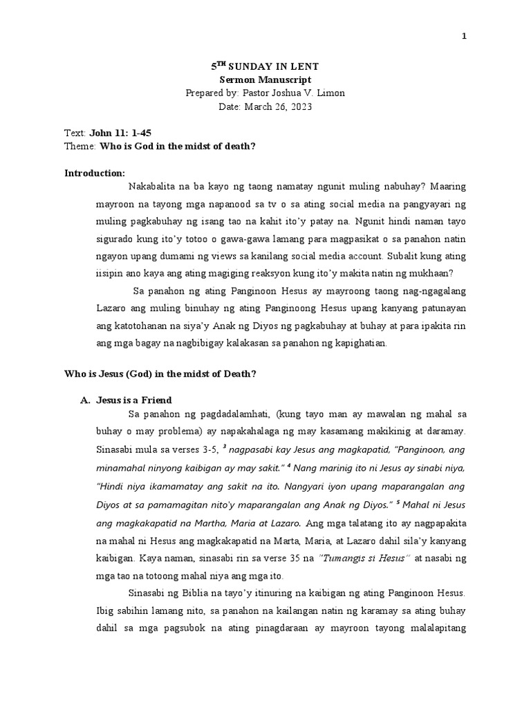 Who is Jesus in the Midst of death Sermon Lazarus PDF