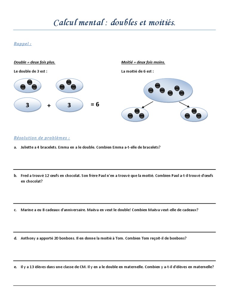 Exercice Double Et Moitié Ce1 Pdf Calcul Mental: Doubles Et Moitiés.: Rappel | PDF
