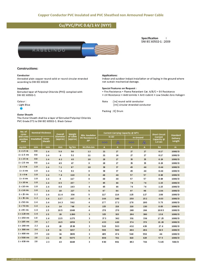 Cu/PVC/PVC 0.6/1 KV (NYY) : Copper Conductor PVC Insulated and PVC ...
