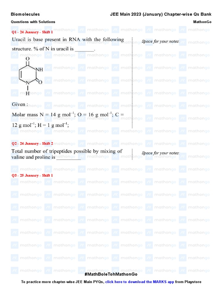 Biomolecules JEE Main 2023 January Chapter wise Questions by MathonGo