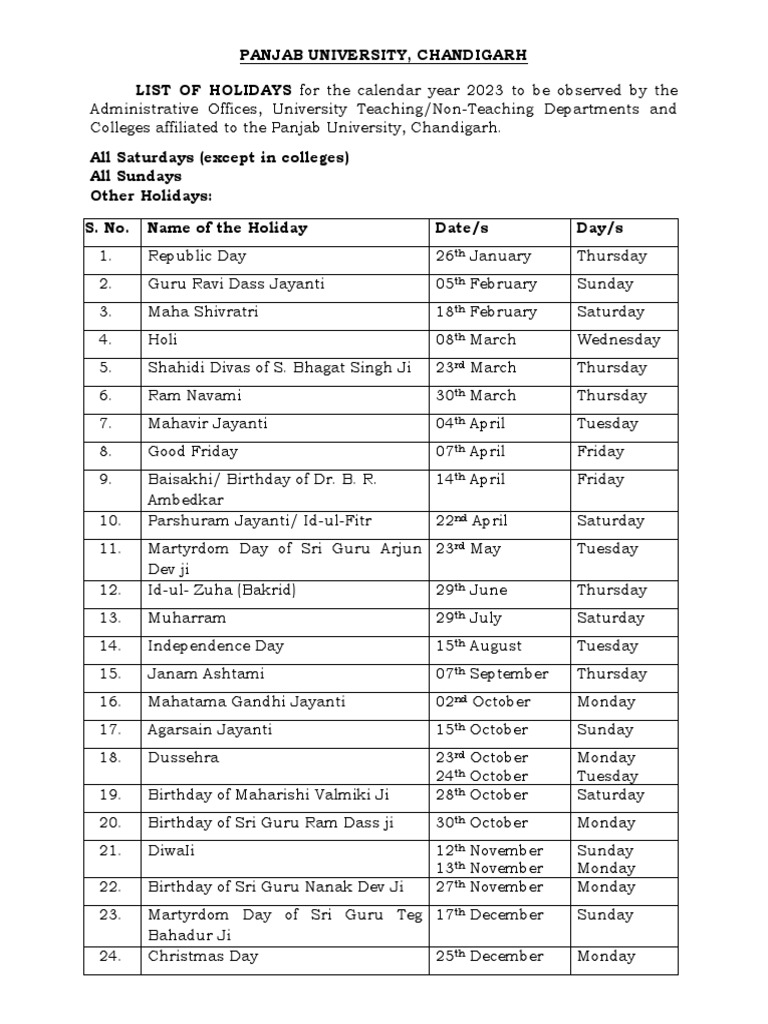 Pu Holidays 2023 | PDF | Observances | Indian Religions