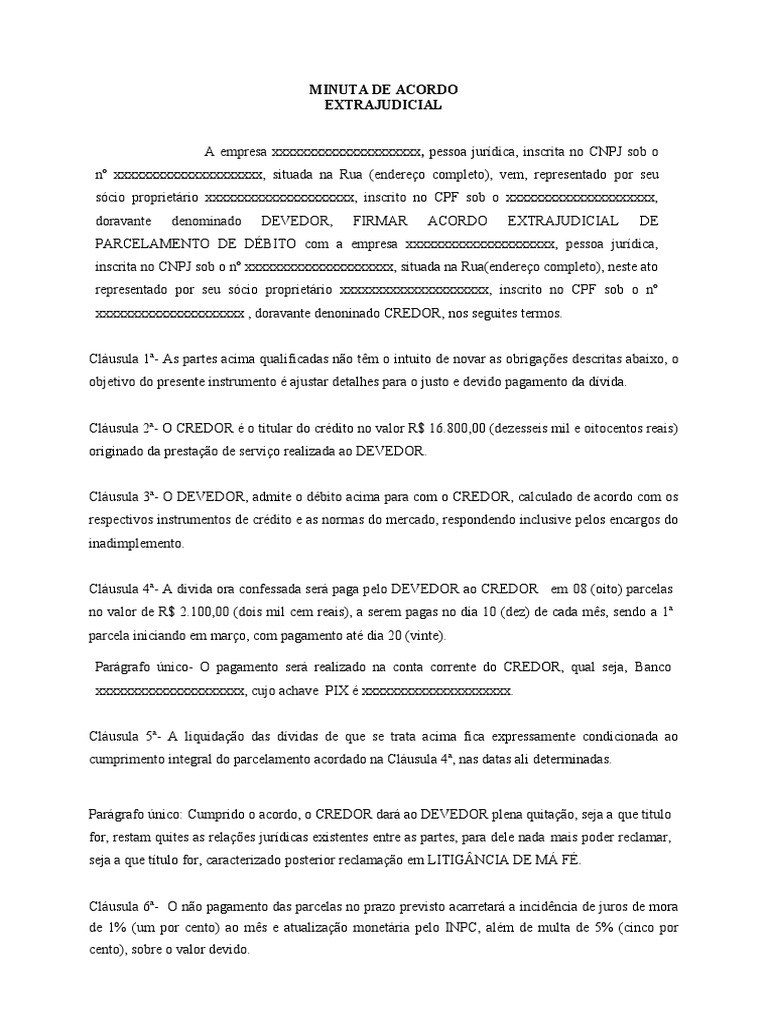 Minuta de acordo extrajudicial de parcelamento de d vida entre empresa