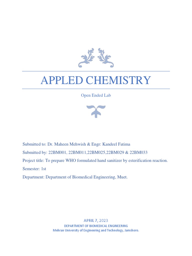 Appled Chemistry Lab Report PDF Ester Disinfectant