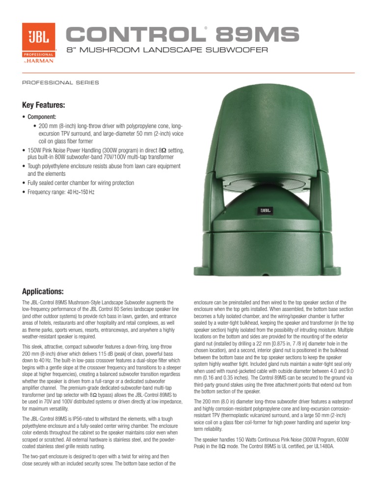 JBL Control 89MS Subwoofer Da Giardino 8 Pollici – Bassi Potenti Per Esterni (Verde, 70V/100V/8 Ohm) - 4