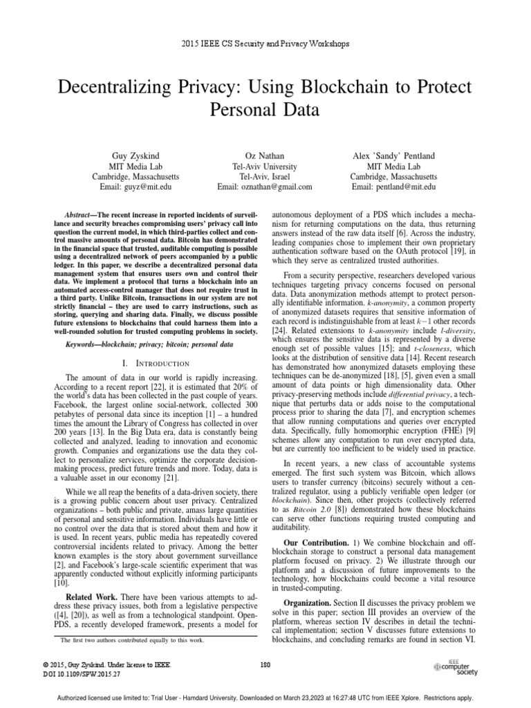 Decentralizing Privacy Using Blockchain To Protect Personal Data PDF