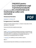 Legea Nr. 216-2022 Pentru Modificarea Şi Completarea Legii Nr. 85-2014 Privind Procedurile de Prevenire A Insolvenţei Şi de Insolvenţă Şi A Altor Acte Normative