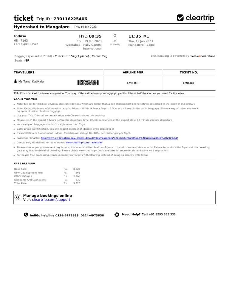Flight Itinerary and Boarding Details for Tanvi Katikala's Journey from