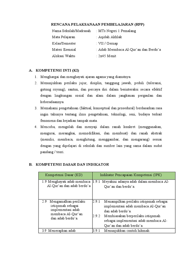 RPP Adab Membaca Al-Qur'an Dan Berdo'a | PDF