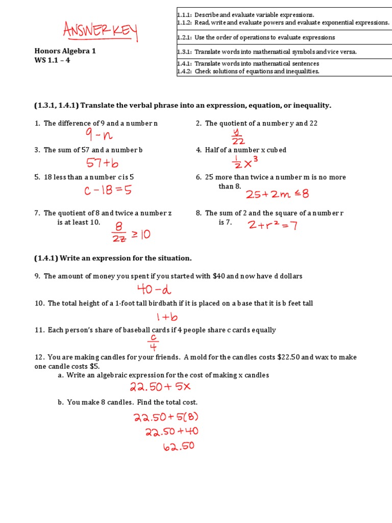 Algebra 1 Expressions and Equations Worksheet | PDF