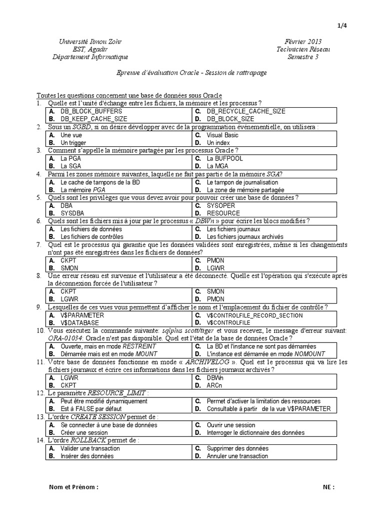 Évaluation Oracle : Questions et Réponses | PDF | SQL | Bases de données