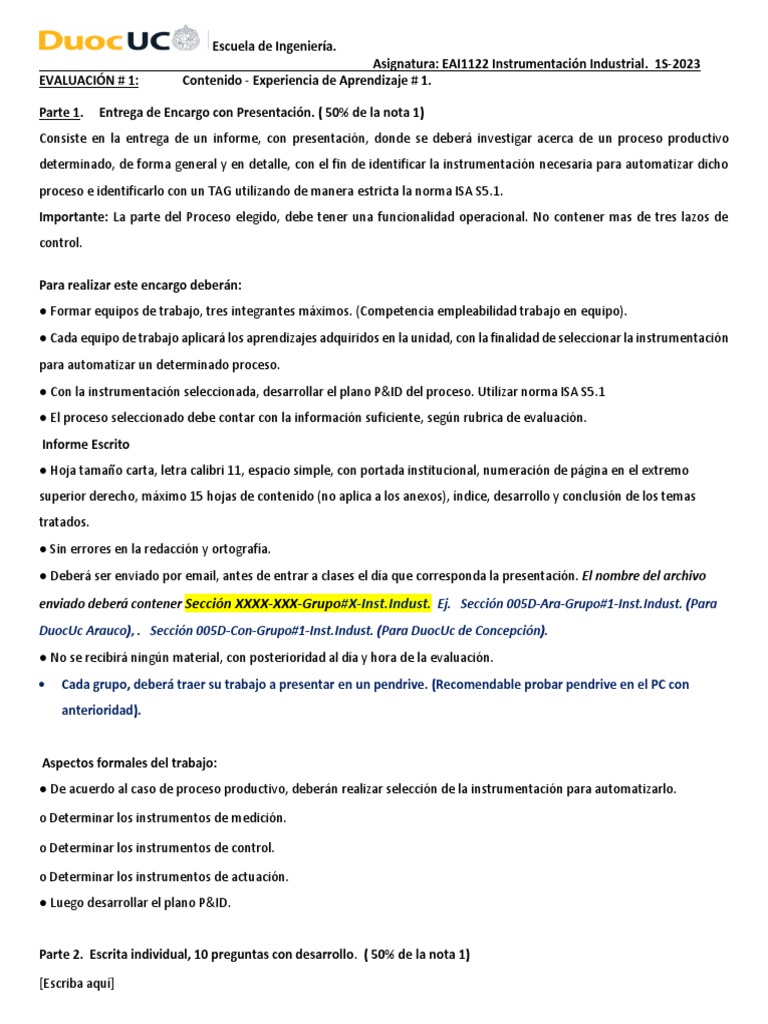 Evaluacion # 1. EA1 Instrumentacion Industrial EAI1122 - 2023 | PDF ...