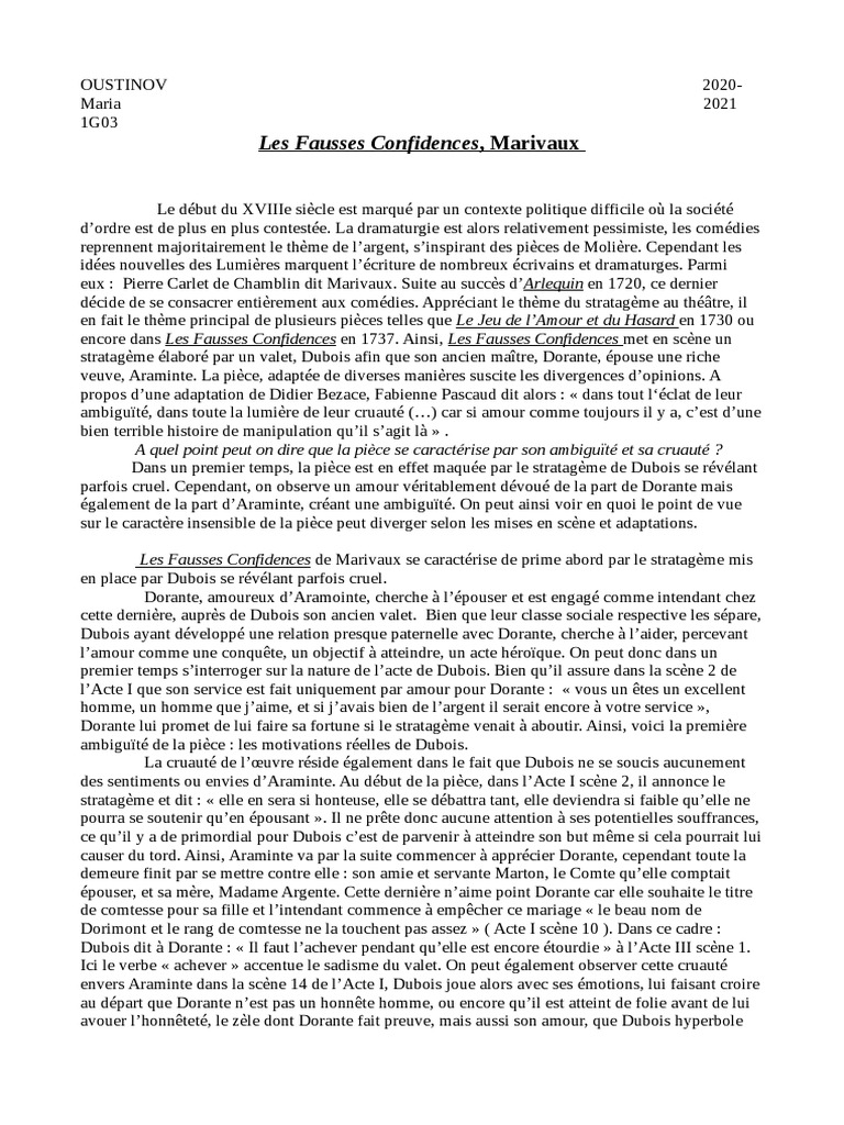 Dissertation Fausses Confidences Dissertation Les Fausses Confidences | PDF
