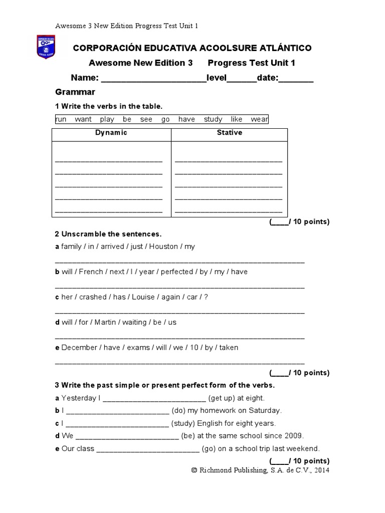 Awesome 3 Progress Test Unit 1 Pdf Chicago Linguistics