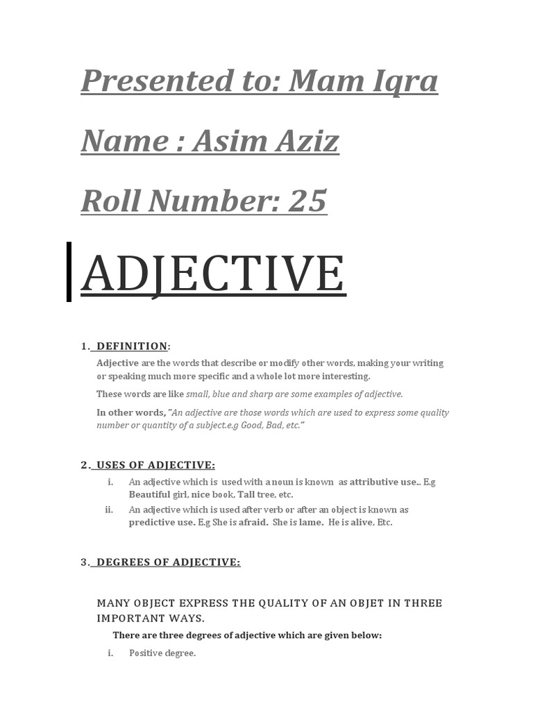 Presented To Mam Iqra Name Asim Aziz Roll Number 25 Adjective PDF