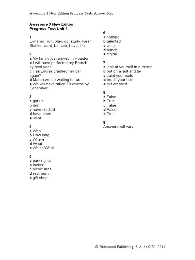 Awesome 3 Progress Tests Answer Key | PDF
