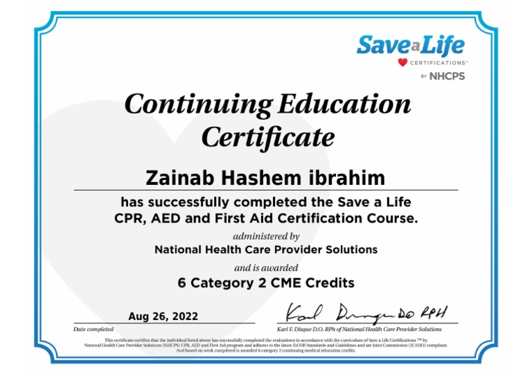 CPR Aed First Aid Certification Course Certificate | PDF