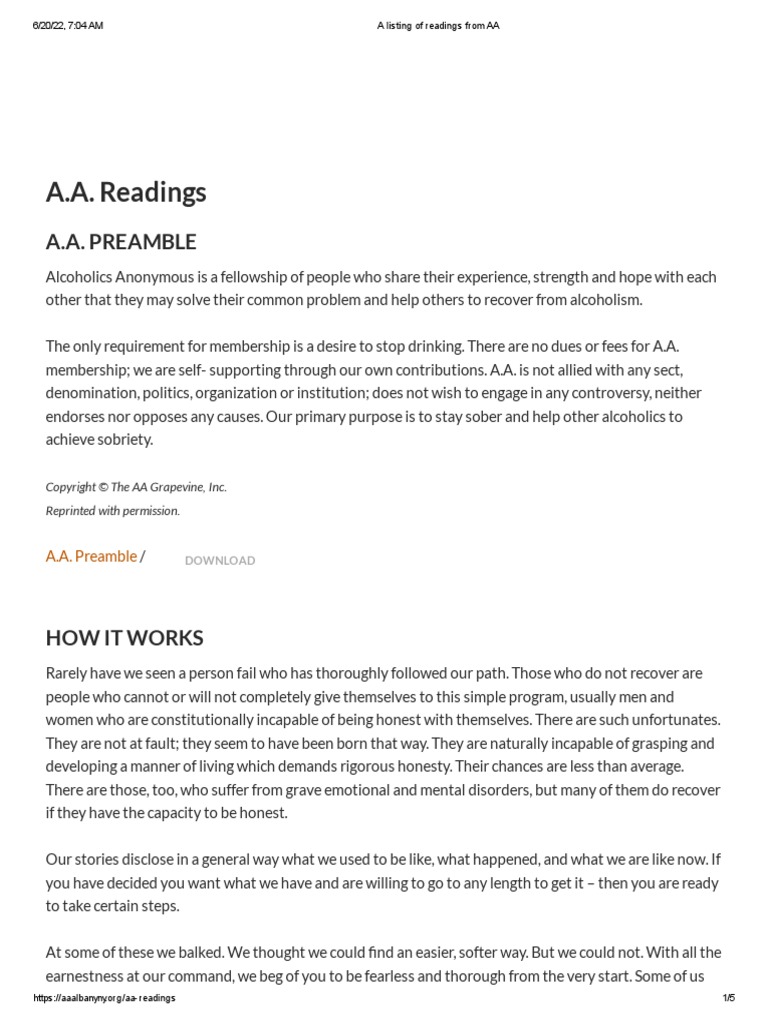 A.A. Readings PDF Alcoholics Anonymous Twelve Step Program