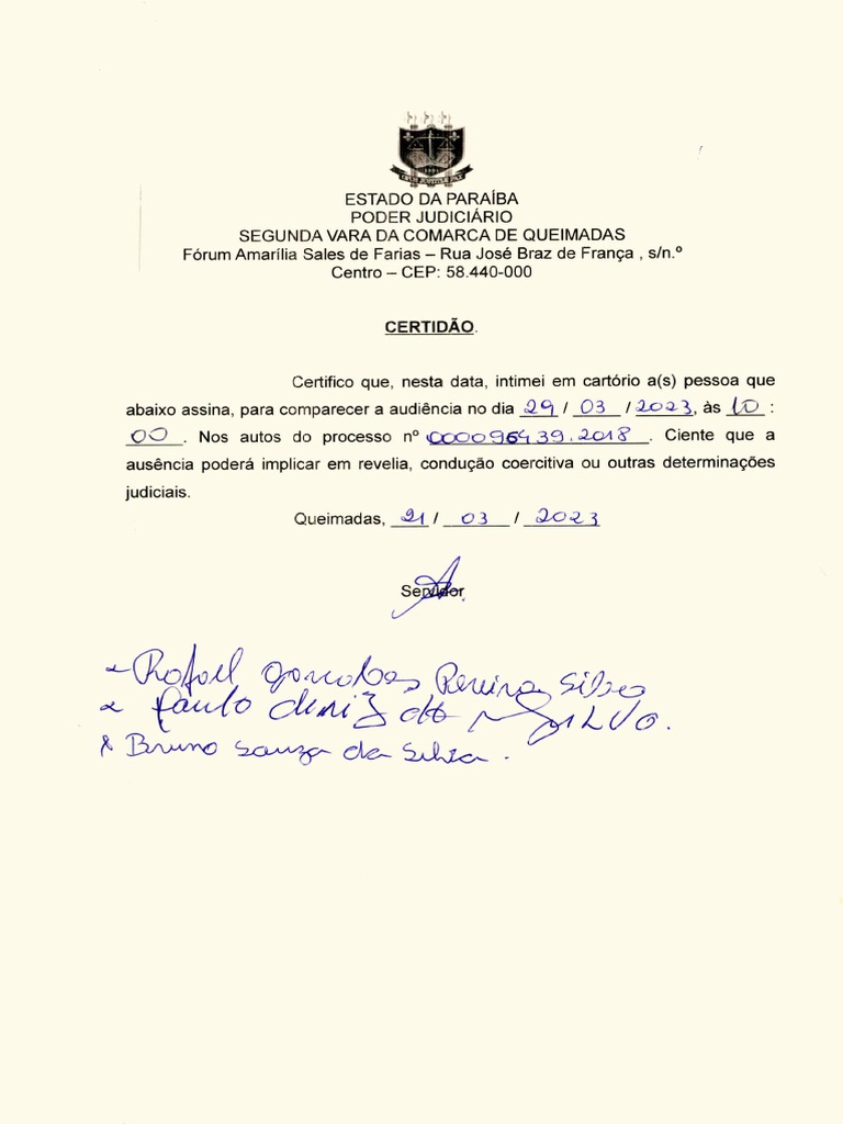 Certidão de intimação para audiência em processo judicial na Segunda ...