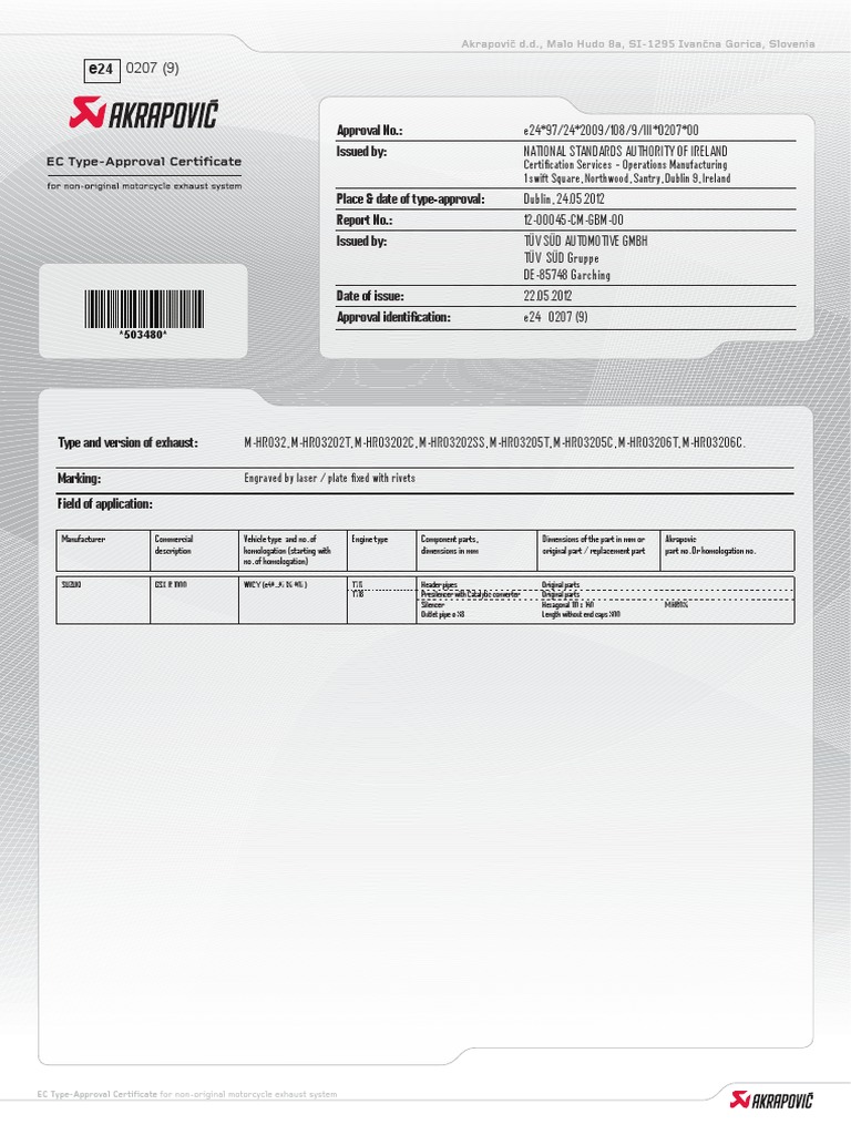 Akrapovic EC Type-Approval Certificate | PDF | Motor Vehicle | Vehicle ...