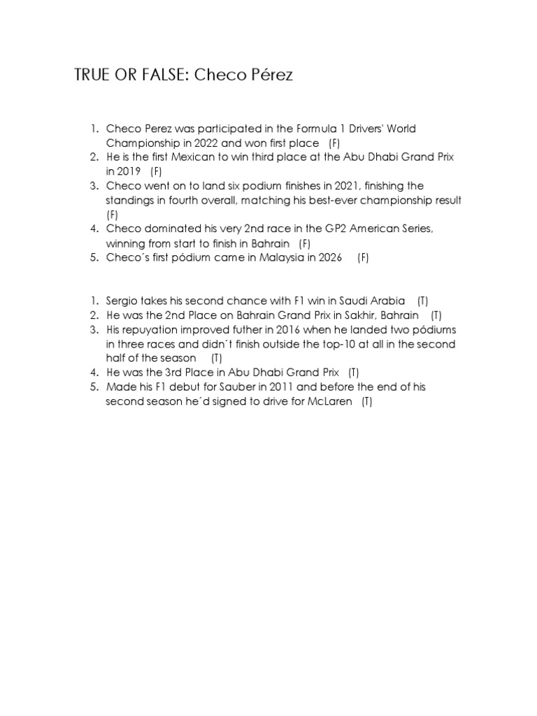 Checo Pérez: True or False Quiz | PDF
