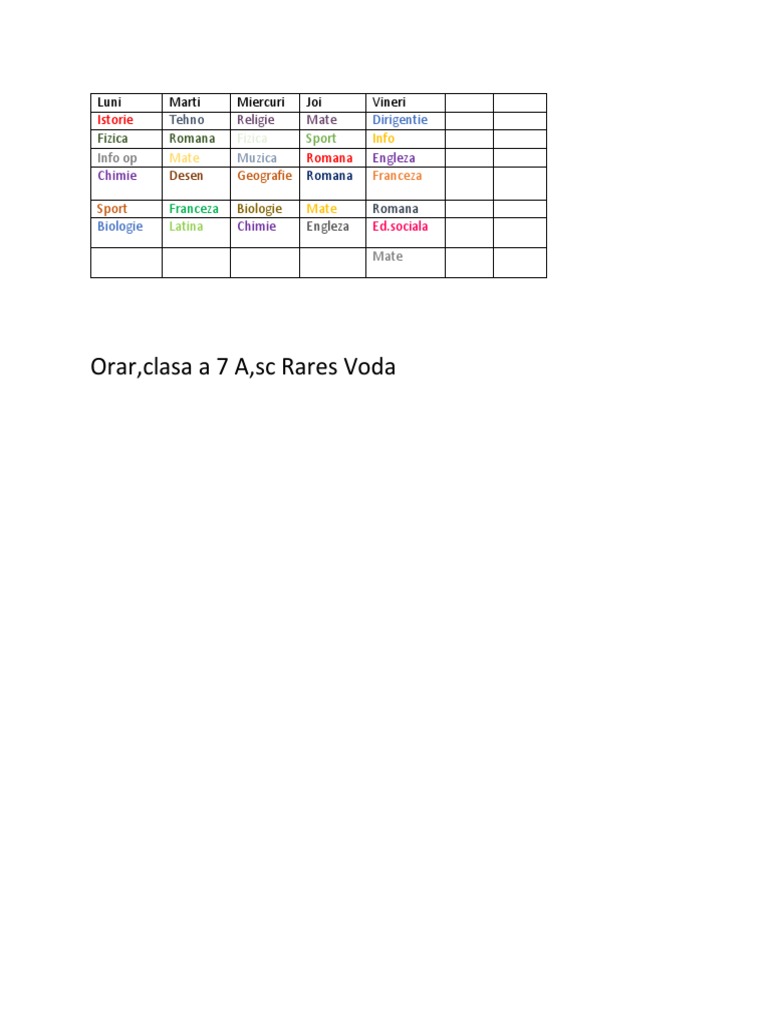 Orar, Clasa A 7 A, SC Rares Voda: Info Op | PDF