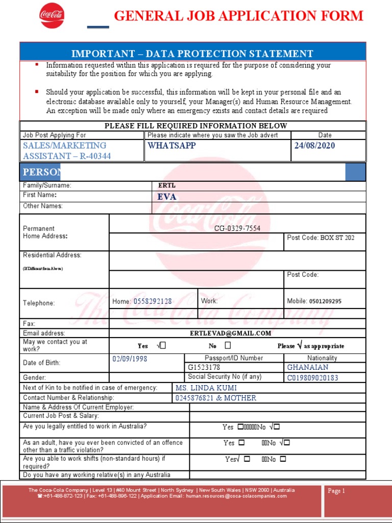 International General Job Application Form by The CocaCola Company HR