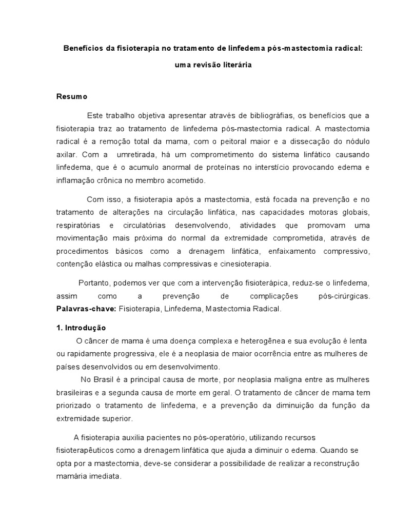 Benefícios Da Fisioterapia No Tratamento De Linfedema Pós Pdf