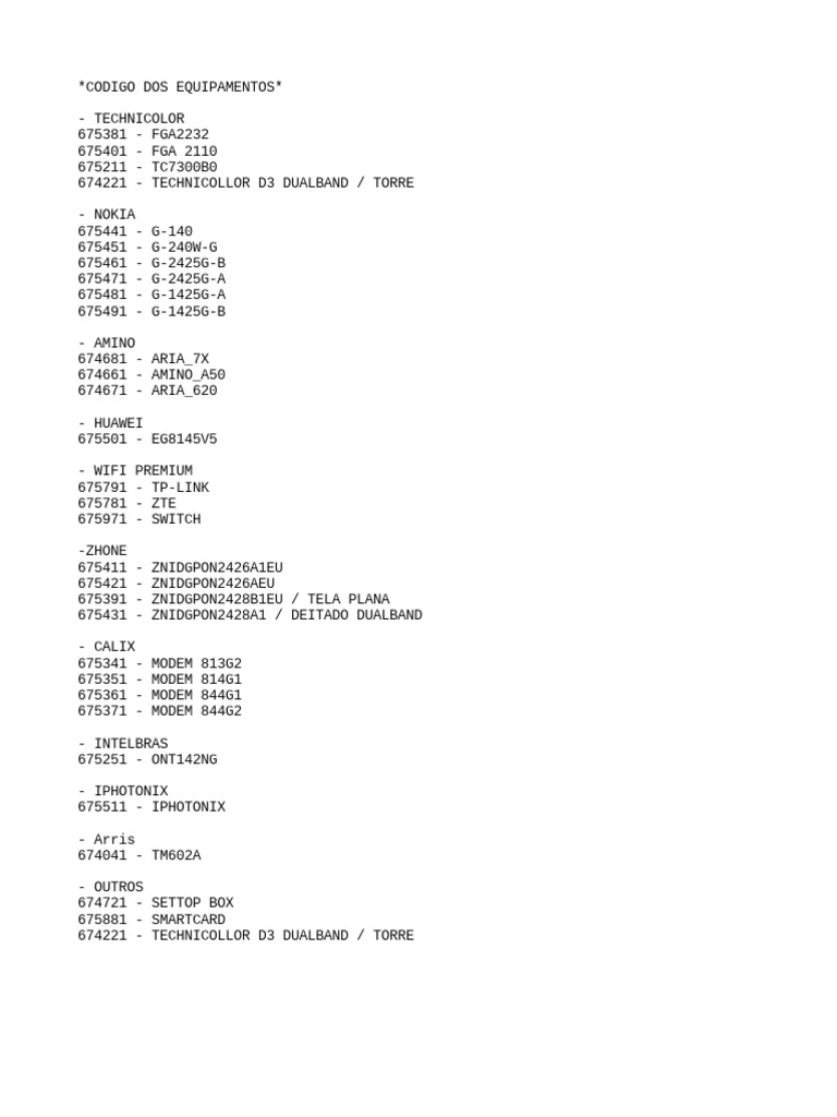 Equipment codes list with manufacturer models pdf