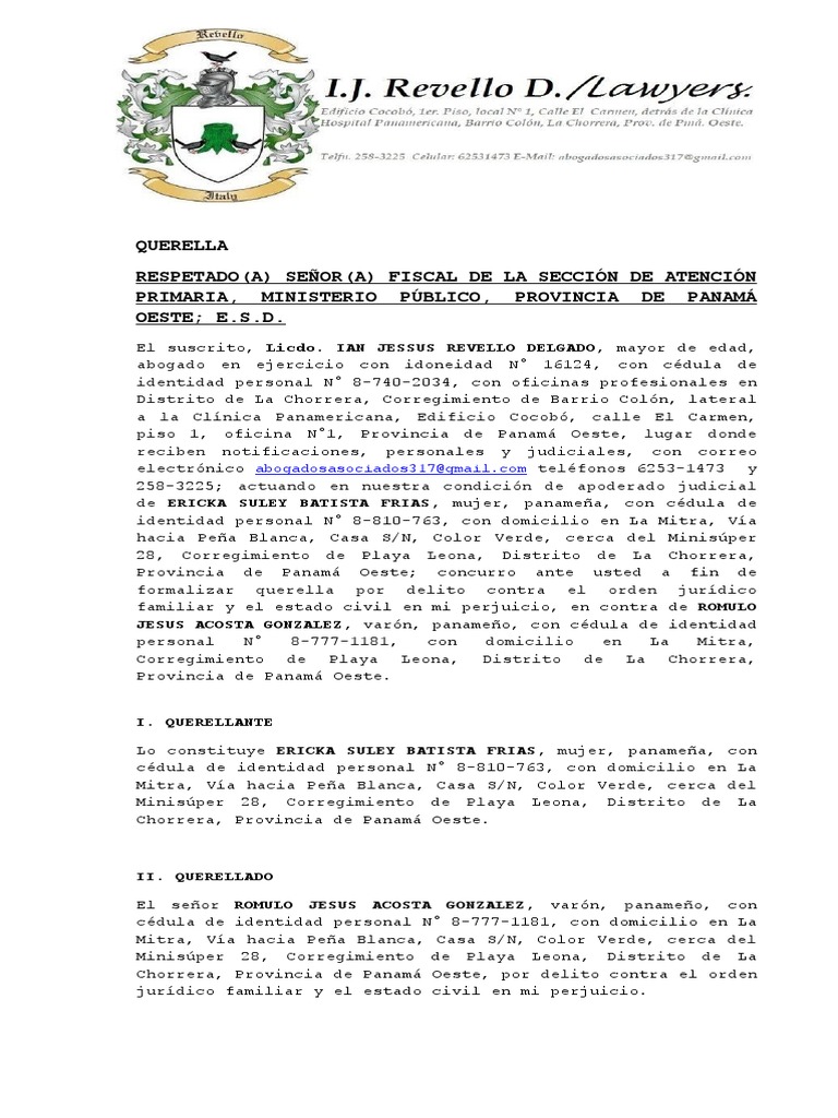 Querella Respetado (A) Señor (A) Fiscal de La Sección de Atención ...