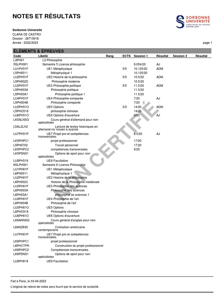 Relevé de Notes L3 Sem1 | PDF