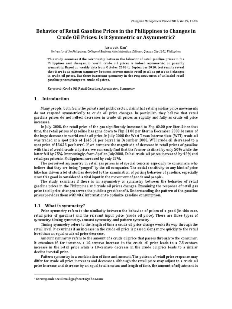 Behavior of Retail Gasoline Prices in The Philippines To Changes in