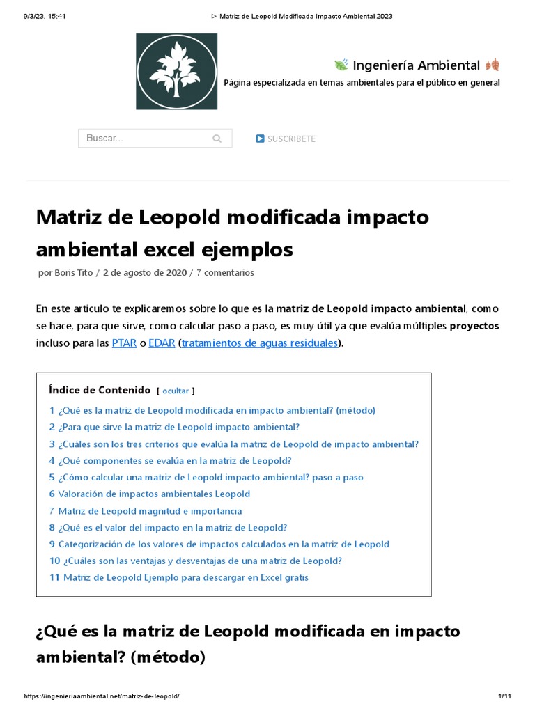 Matriz de leopold modificada impacto ambiental 2023 pdf entorno