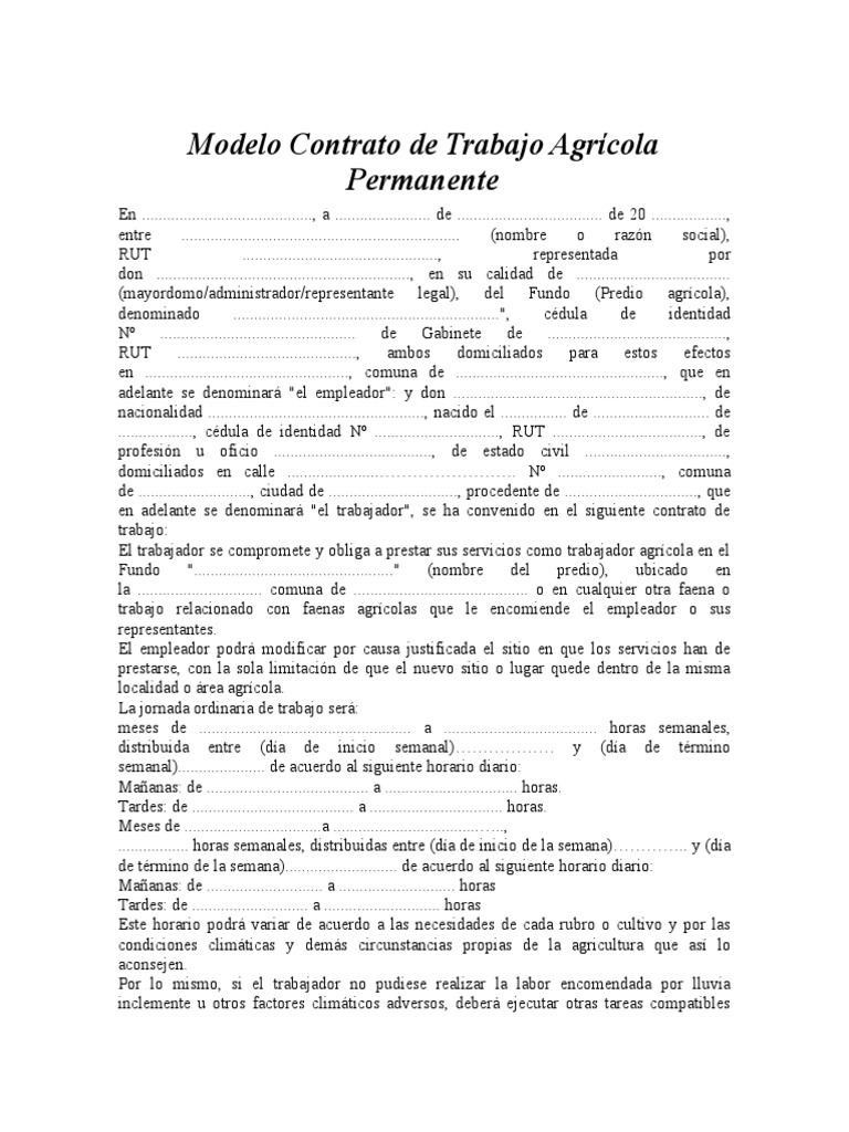 Modelo Contrato de Trabajo Agrícola Permanente | PDF | Pago de regalías ...