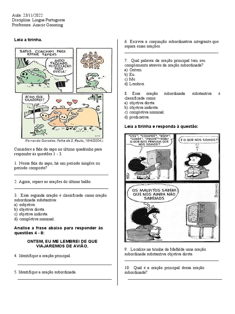 Atividade - SUBORD. SUBSTANTIVA - Revisao | PDF | Oração | Linguística