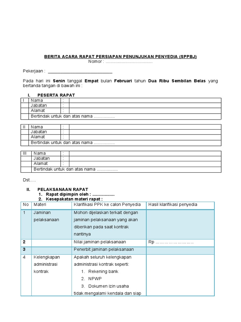 Berita Acara Rapat Persiapan Penunjukan Penyedia | PDF