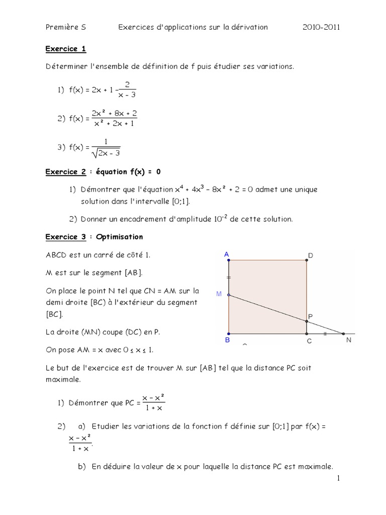Exercices de dérivation Première S | PDF | Concepts mathématiques ...