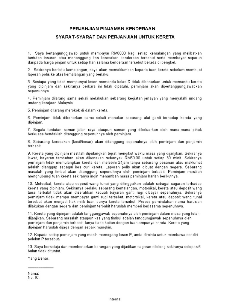 Perjanjian Pinjaman Kenderaan | PDF