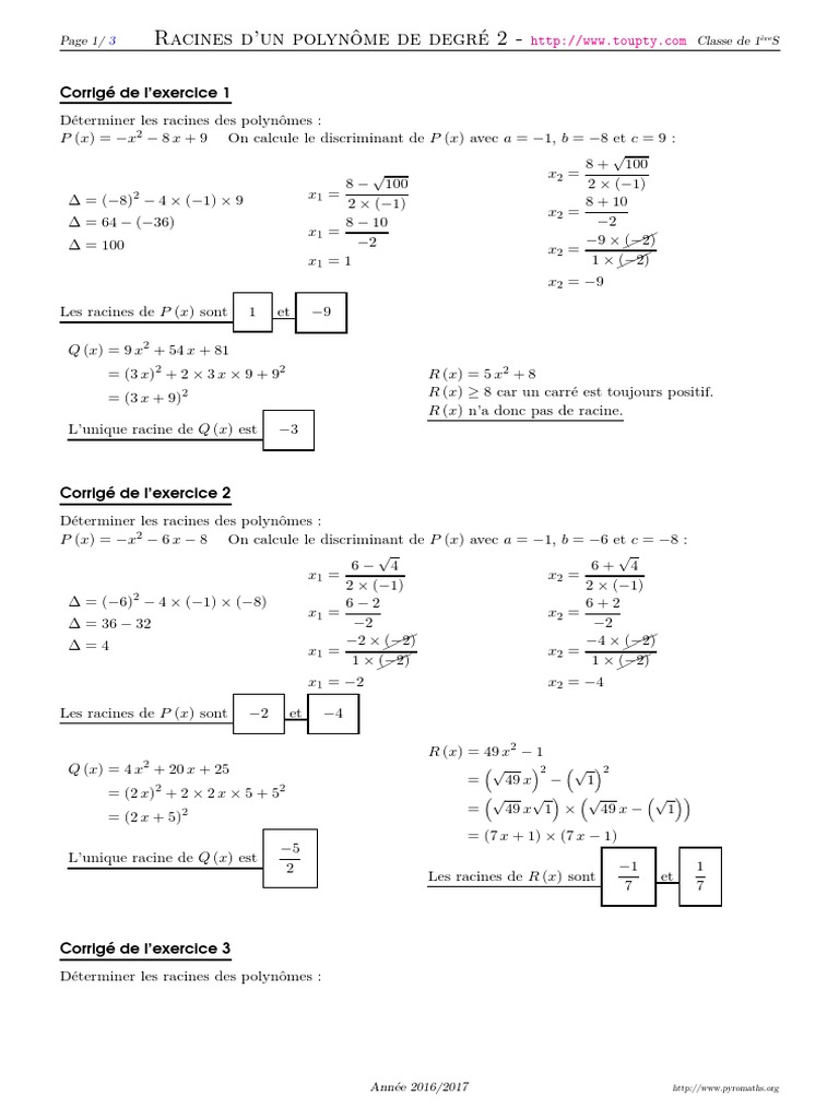 Devoir corrigé de mathématiques: 2nd degré et polynome – fonctions du ...