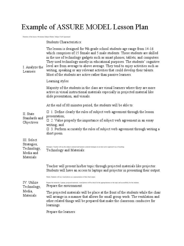 Example of ASSURE MODEL Lesson Plan | PDF | Educational Assessment ...