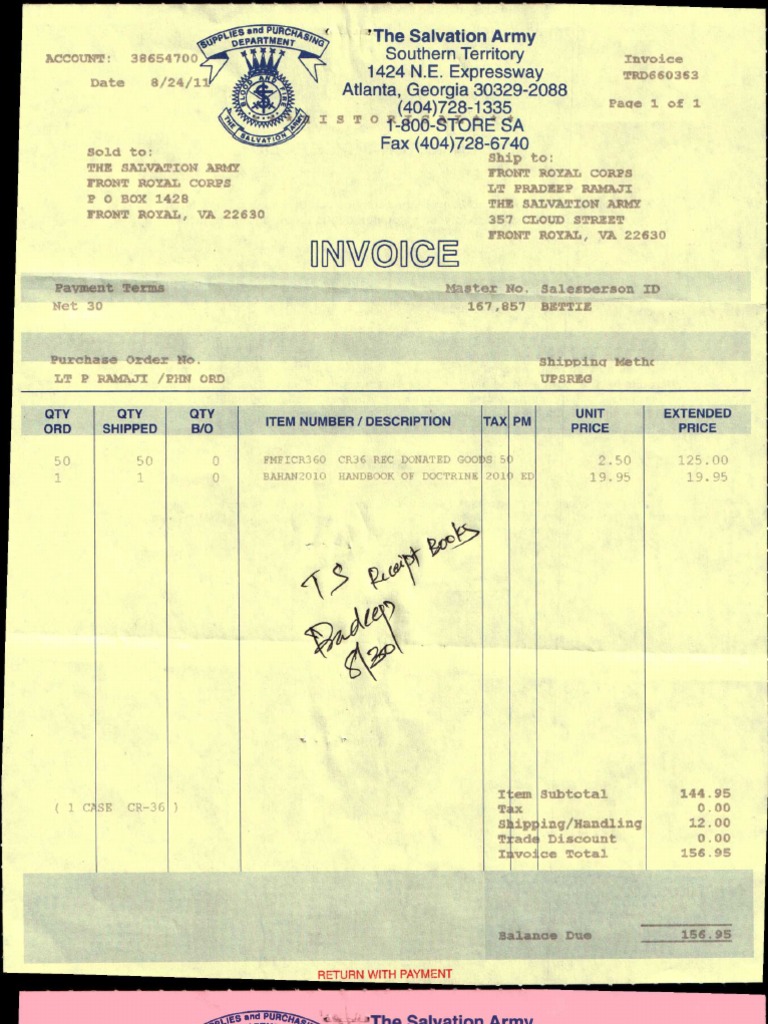Salvation Army Invoice TRD660363 | PDF