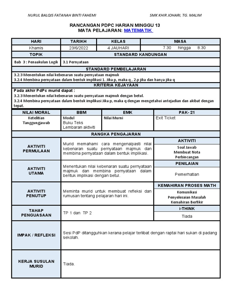 Rancangan PDPC Matematik Kelas 4 | PDF