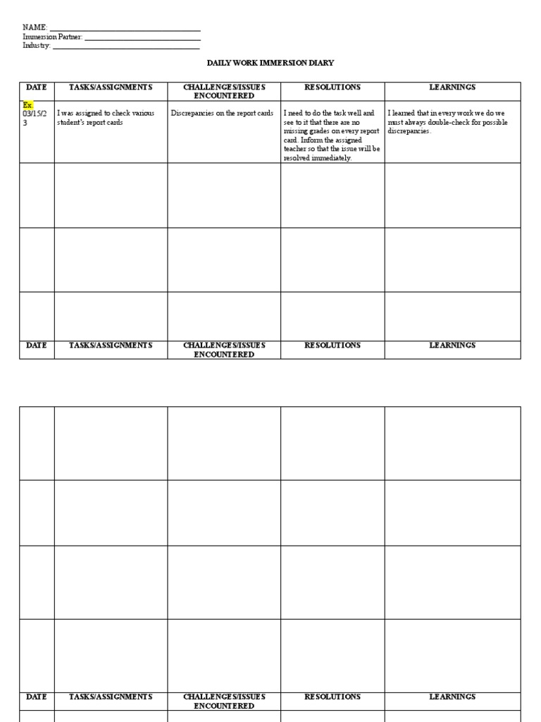 Daily Work Immersion Diary Template | PDF
