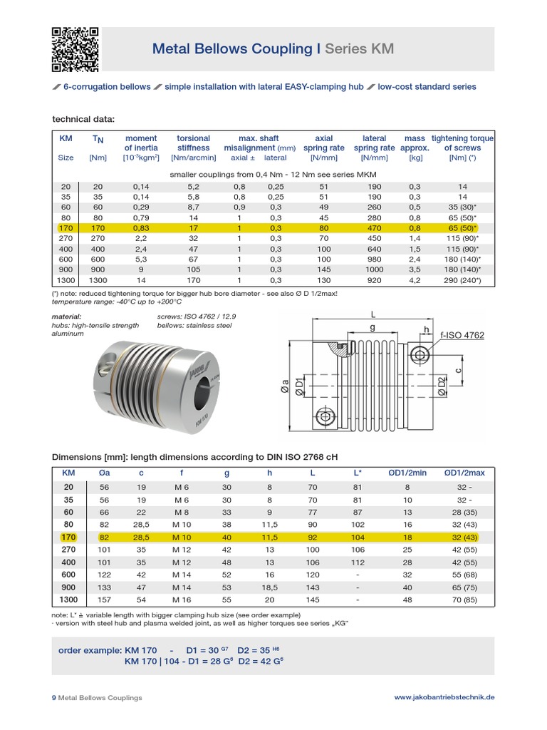 Metal Bellows Coupling I Series KM Technical specifications and