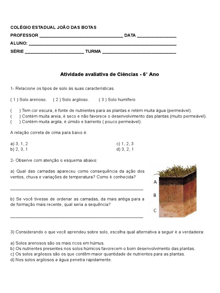 Atividade Sobre Solo - 6° Ano | PDF | Solo | Erosão