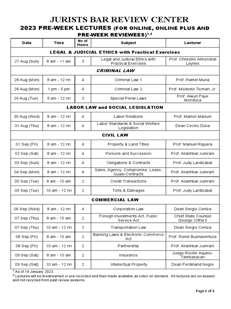 2023 Schedule of Pre Week Lectures Download Free PDF Common Law