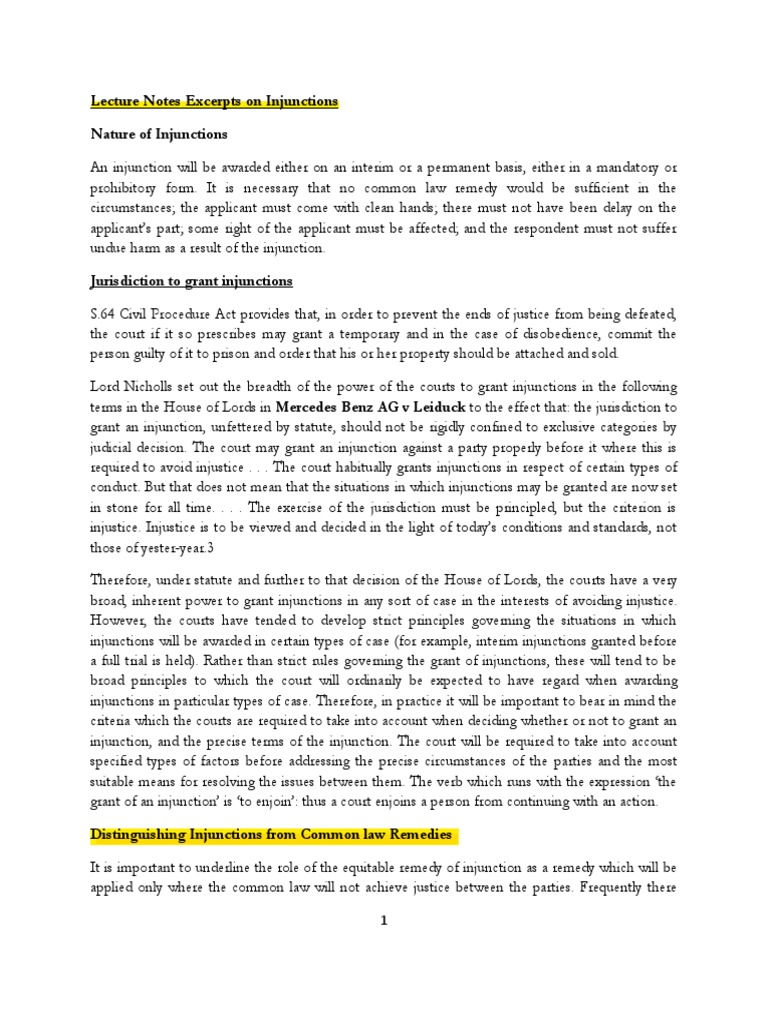 Lecture Notes Excerpts On Injunctions Nature of Injunctions | PDF ...